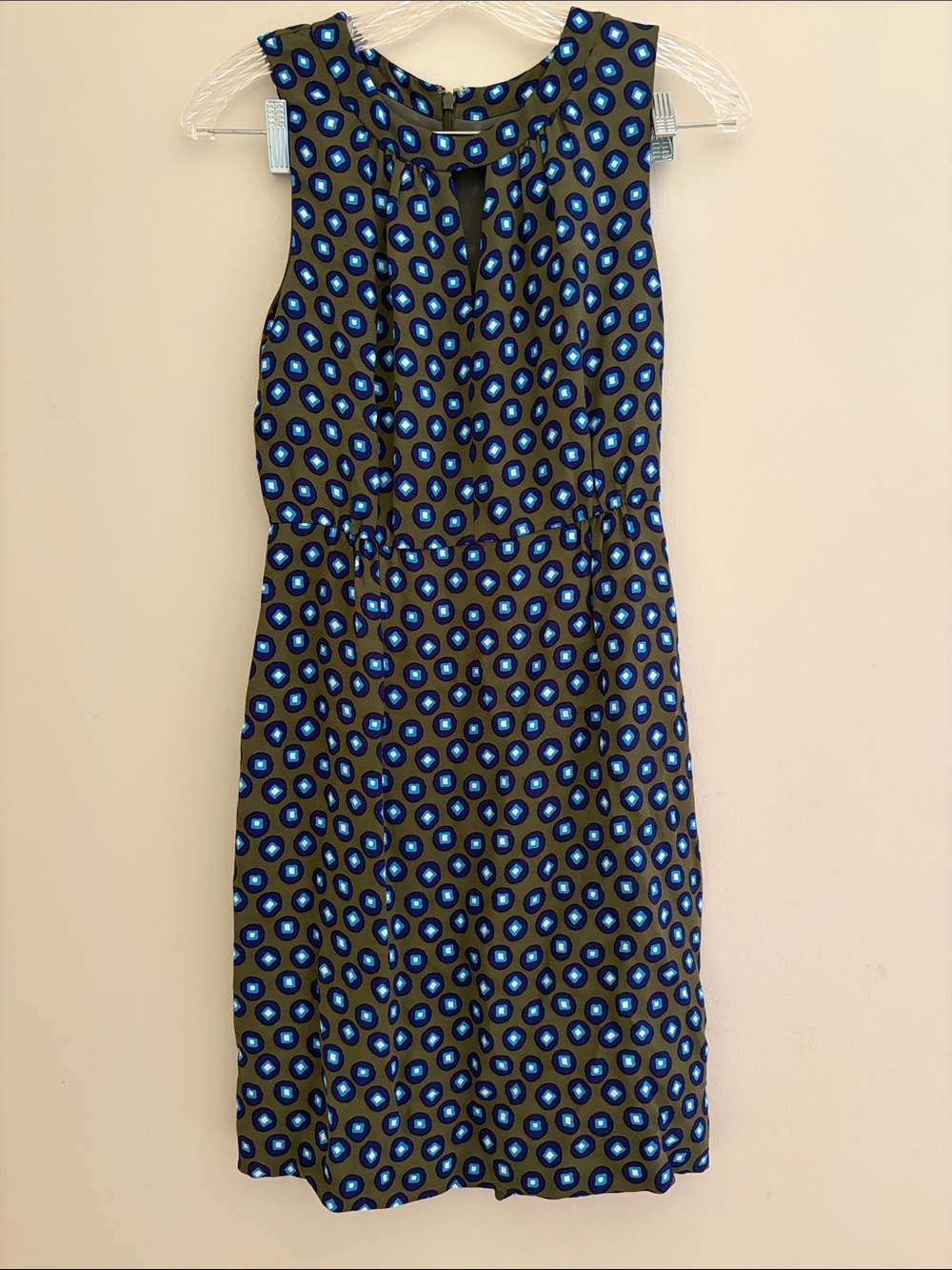 J. Crew Olive Green Midi Dress with Blue Dot Print